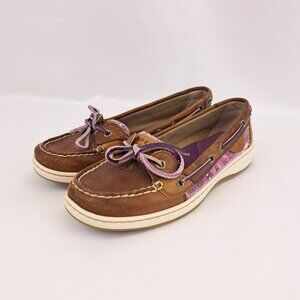 Sperry Top Sider Angelfish Brown Leather Purple Sequin Womens Boat Shoes